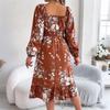 Women's Fashion Floral Print Square Neck Long Sleeve Waisted Ruffled A-Line Skirt