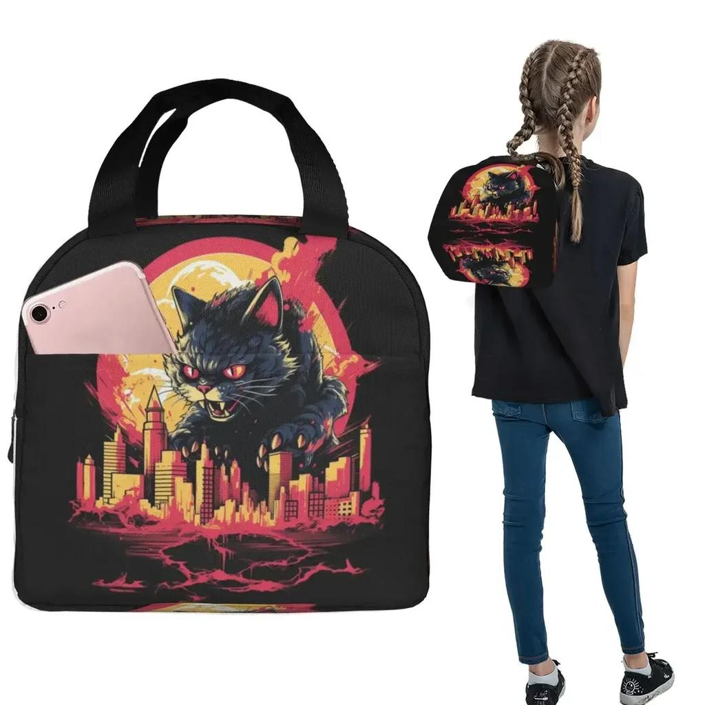 Vintage Catzilla Japanese Sunset Cat Lover Insulated Lunch Bag for Women Kids Portable Food Boxes Thermal Lunch Box Tote