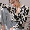 Office Lady Long Sleeve Blouse Mulberry Silk Shirts Turn Down Collar Loose Fashion Clothes Contrast Plaid Shirt Women Tops 29398