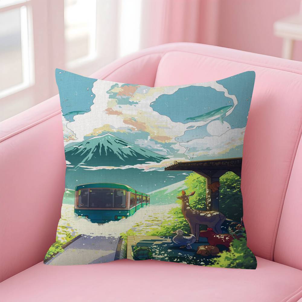 Japanese Street Train Scenery Sakura Cushion Cover Pillow Cover Decor Pillowcase Printed Cushion Case For Couch