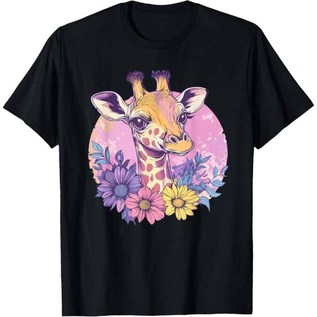 Giraffe With Flowers Illustration Artwork T-Shirt
