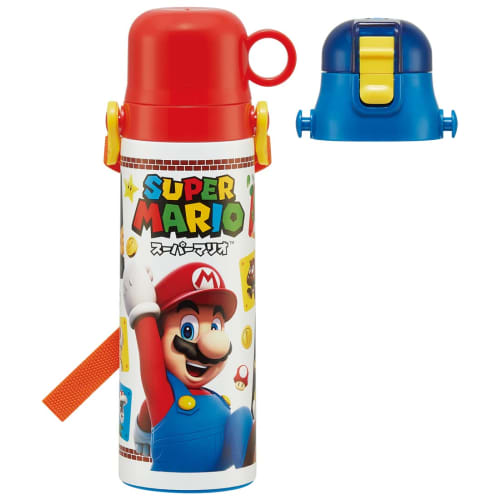 Skater Kids' Stainless Steel Water Bottle, 2-Way Design, 580ml (Direct Drinking) or 570ml (Cup Drinking), Super Mario 23 Design, Kid-Friendly and Ligh
