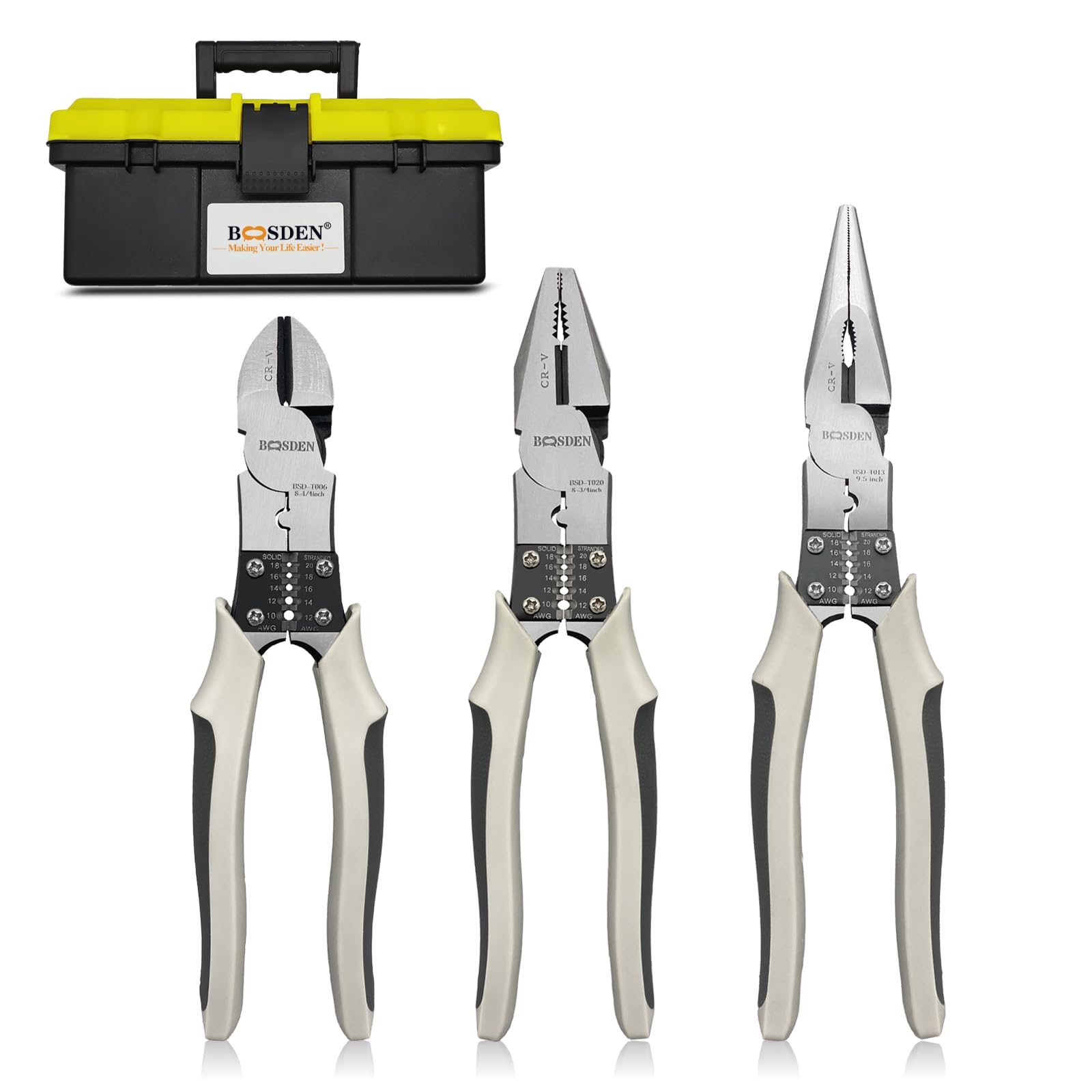 

BOOSDEN 3-Piece Multi-Function Set of Heavy-Duty Power Nippers, Needle-Nose Pliers, and Power Pliers for Electricians