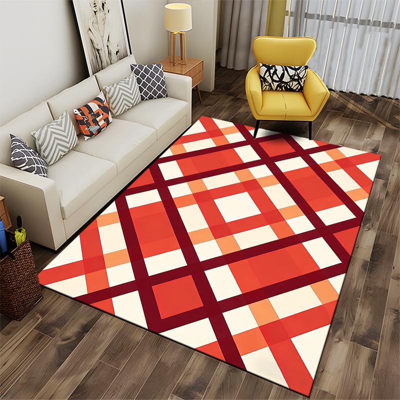 Geometric Pattern Carpet with Red and Orange Plaid Design, Modern Style Suitable for Use As an Anti-slip for Living Room Bedroom Sofas