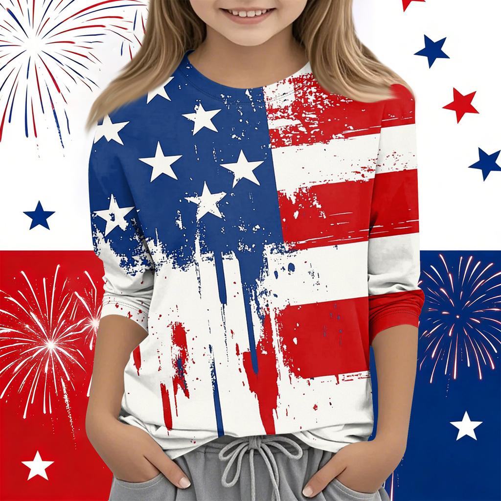 Print Tops For Youth Girls Round Neck 3/4 Sleeves T-Shirts Trendy Tops Outfit Tees Independence Day