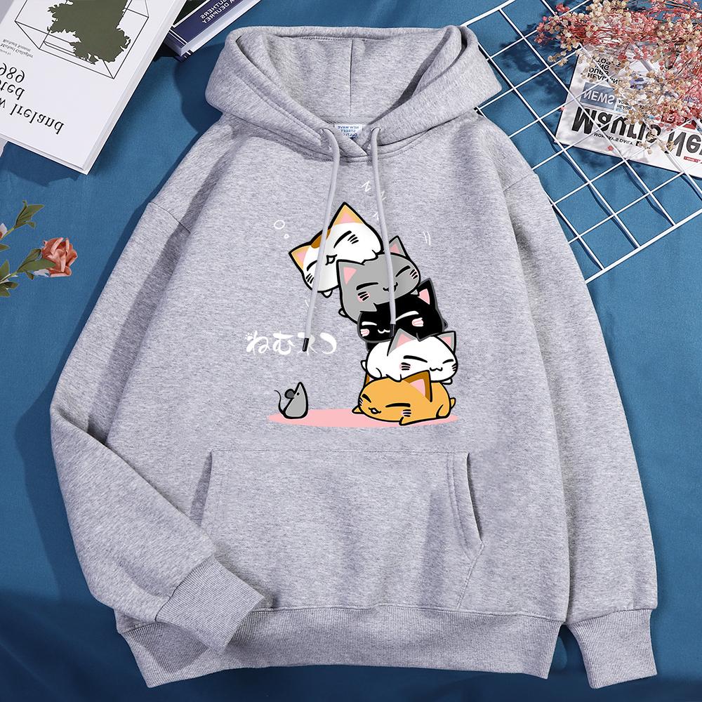 Cute Layered Cat Can't See The Mouse When Sleeping Hoodie Women's Fashion Round Neck Clothing Cute Hoodie Street  Sweatshirt