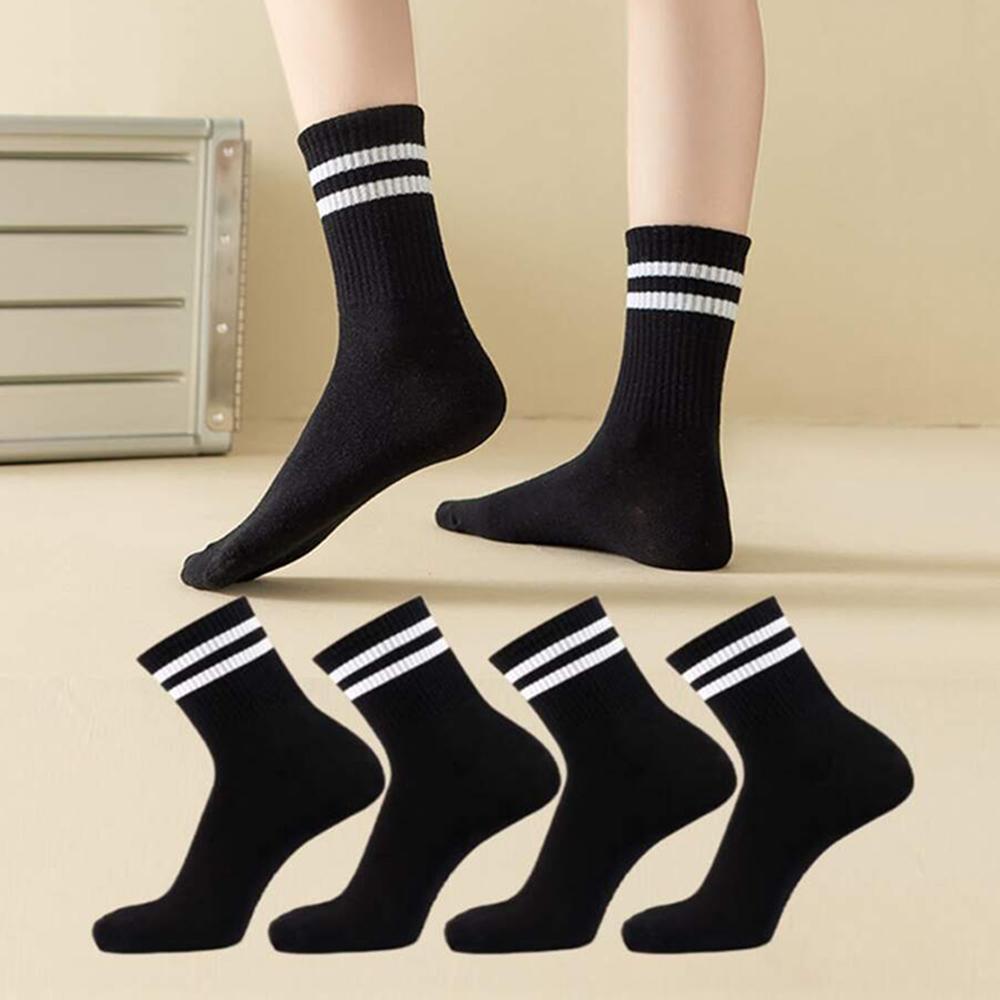 4 Pairs Women Mid Length Socks Simple Versatile Casual Black White Striped Breathable High-Quality Casual Round Neck Socks