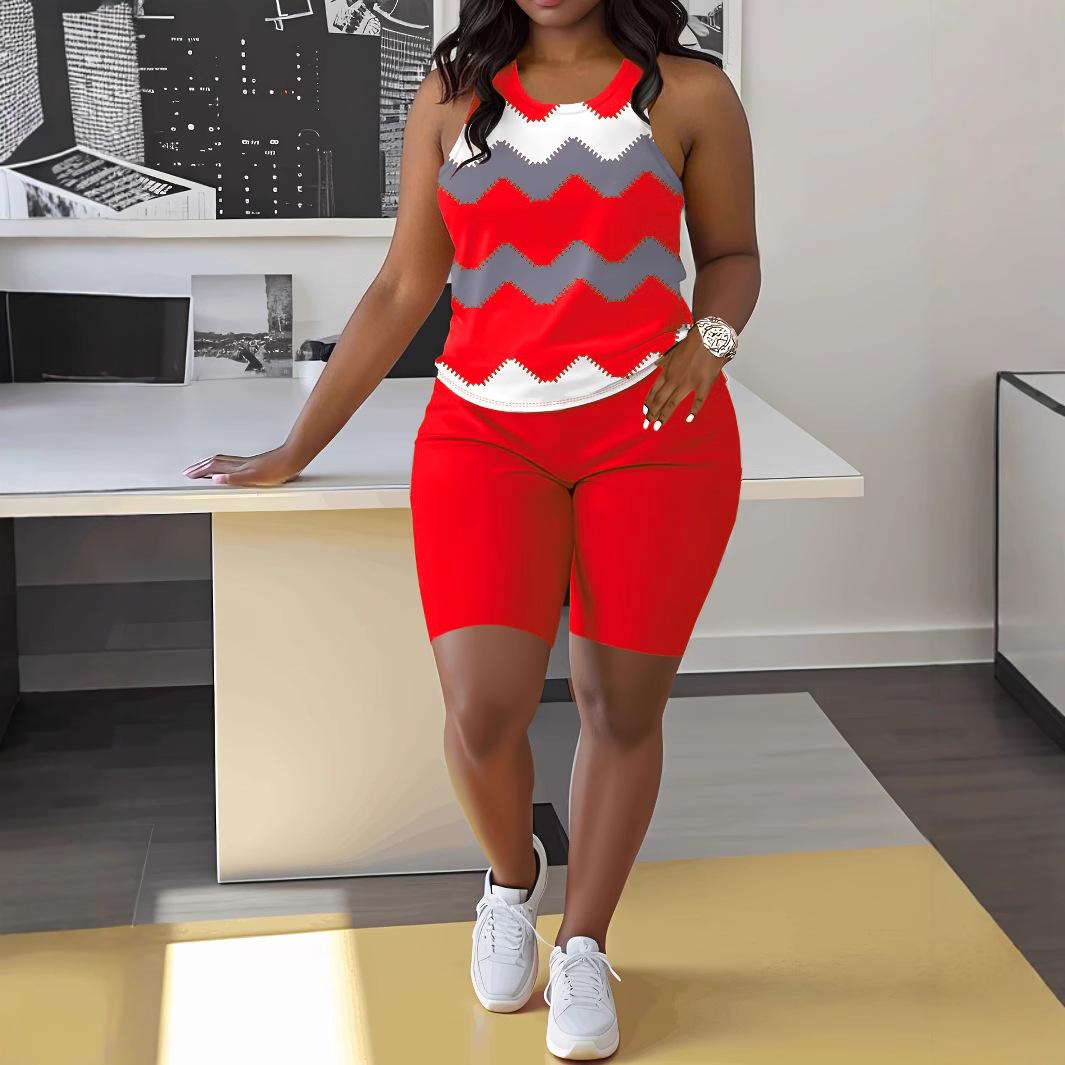 

2025 Новый модный костюм без рукавов с принтом, тонкие шорты, летняя повседневная женская одежда XXL