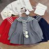 Autumn & Winter Korean Style Girls' Striped Shawl Pullover with Ruffle Hem