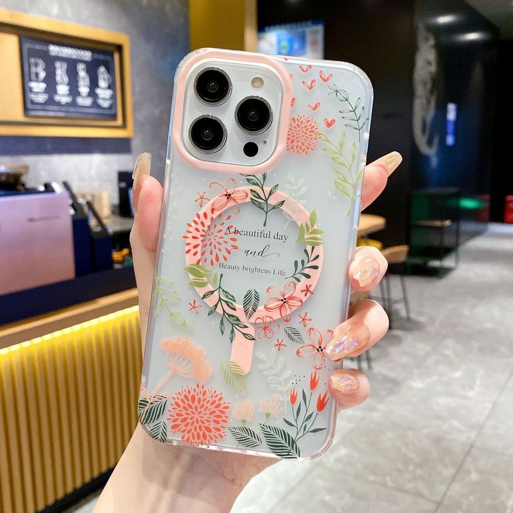 Applicable To IPhone 16 Mobile Phone Case Small Fresh Flowers Apple 15promax Powerful Magnetic Absorption and Anti-fall