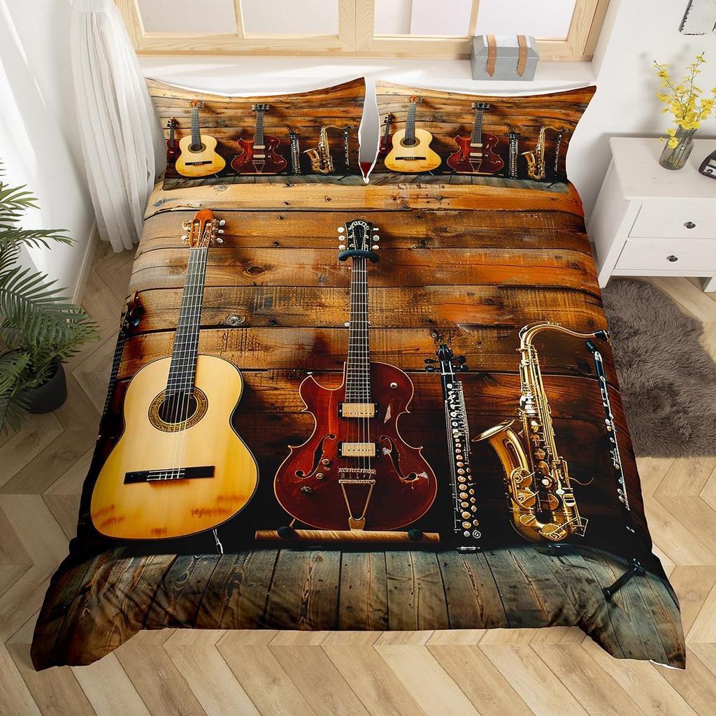 Gitarre Bettwäsche Set Einzelbett Jungen Mädchen Musik Thema Gitarre Bettbezug Klassische Gitarre Deckenbezug Vintage Tagesdecke Abdeckung