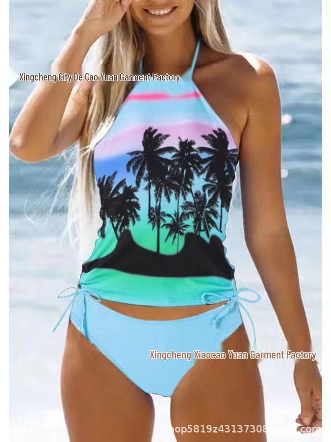 

2025 Европейский и американский цифровой принт халтер на шнуровке высокий воротник бикини Small