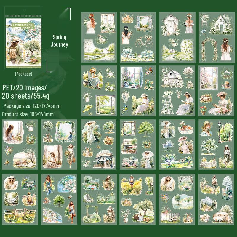 Four Seasons Journey Die-Cut Sticker Book: Travel-Themed Retro Scenery In 4 Styles