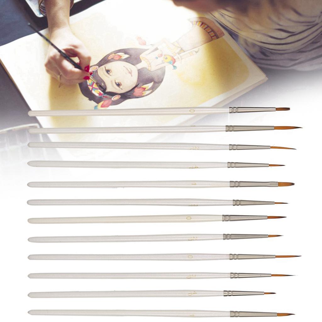 12PCs Nylon Brush Drawing Pen Art Supplies Painting Tool White Wooden Rod for Craft Collection