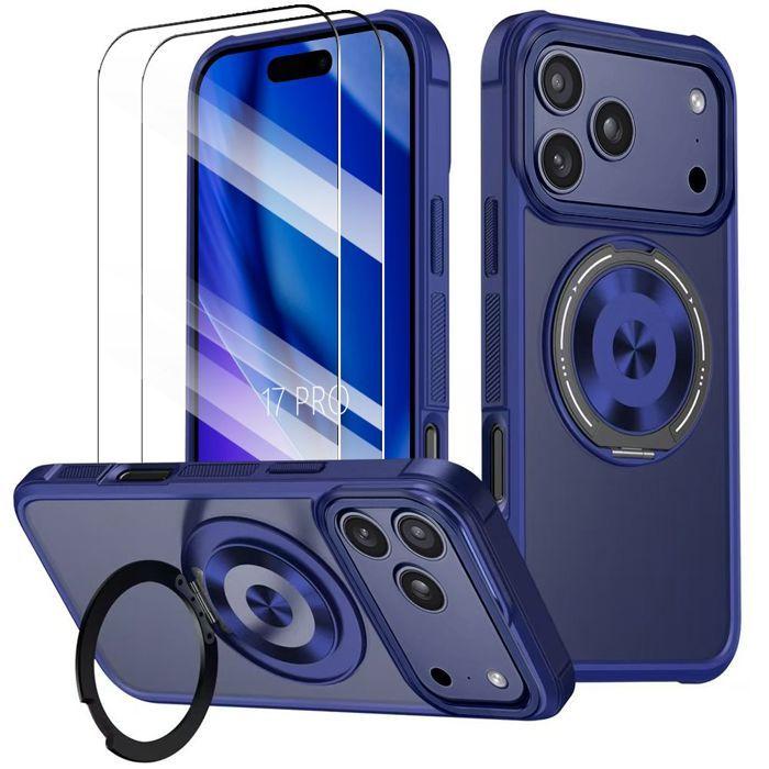 Coque de Protection - BOOLING - pour iPhone 17 Pro - Hybride Anneau Magnétique - Bleu - 2 Verres Trempés