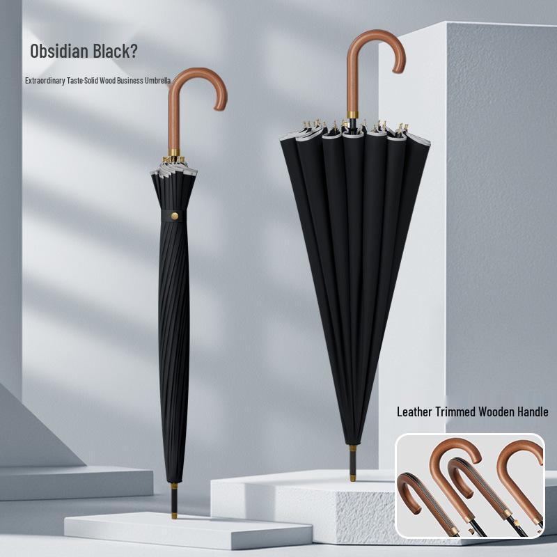 Men's Extra Large 24-Rib Solid Color Business Umbrella with Wooden Handle and Logo Print