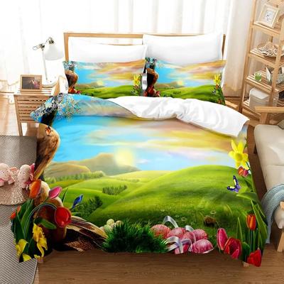 Ensemble Housse de Couette Paysage Naturel Ciel Bleu Pelouse Fleur Double Queen King Size 2/3 Pièces Polyester Housse de Couette pour Enfants Adolescents Adultes