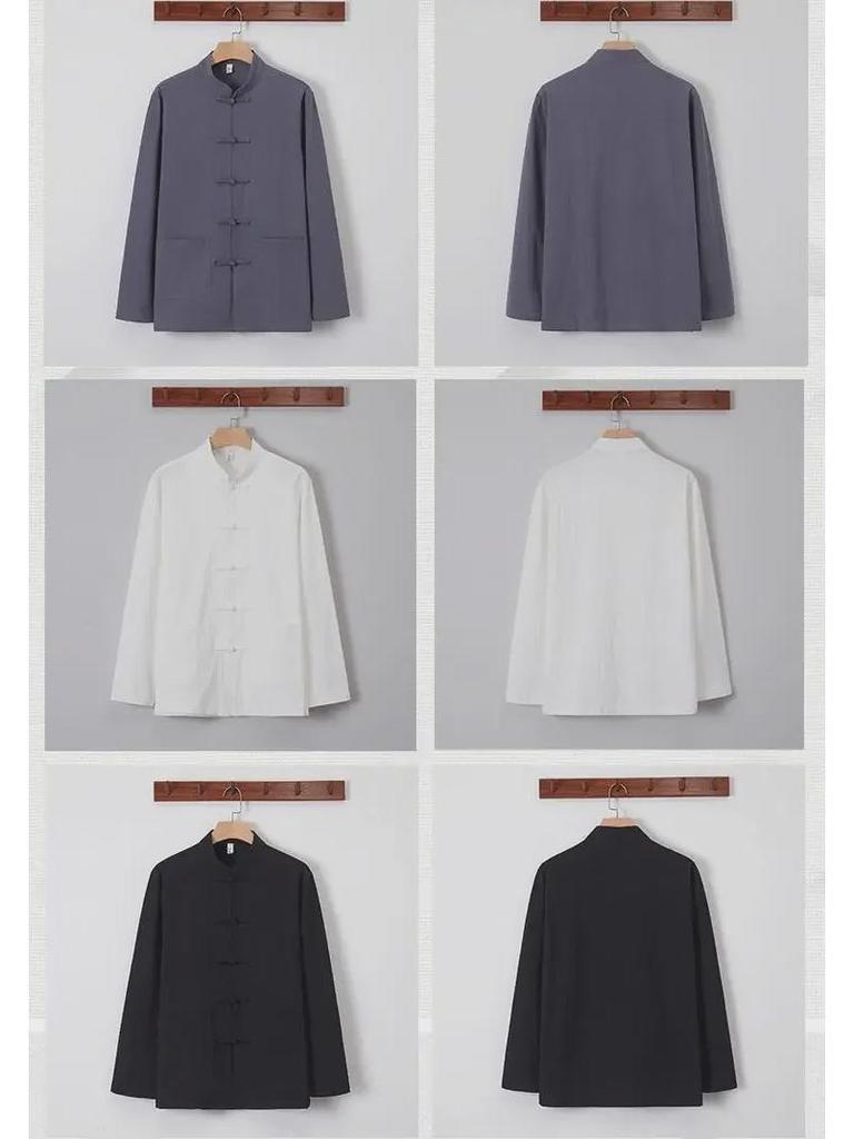 Men's Retro Chinese Style Linen Shirt, Long Sleeve, Button-Up, Stand Collar Tang Suit