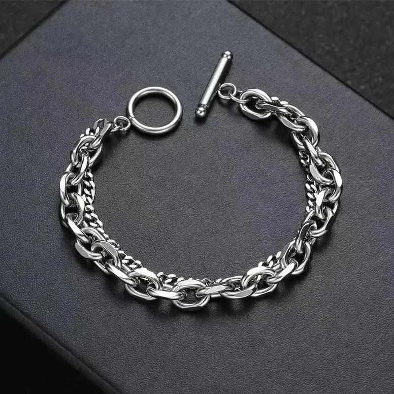 Stainless Steel Cuban Chain Bracelet For Men OT Buckle Double Layer Link Braslet Bangle Casual Accessories Pulseria Hombre Joias