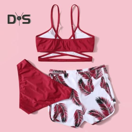 3dílná sada plavek s ramínky, podprsenkou s výstřihem do V a středním pasem, sada plavek, jednobarevné bikiny s kraťasy s potiskem peří