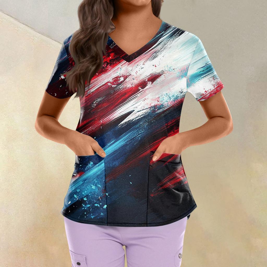 Plus Size Printed Scrub Working Uniform Tops For Women's Cross V Neck Independence Day Print Short Sleeve Fun T-Shirts Workwear Tee With Pockets