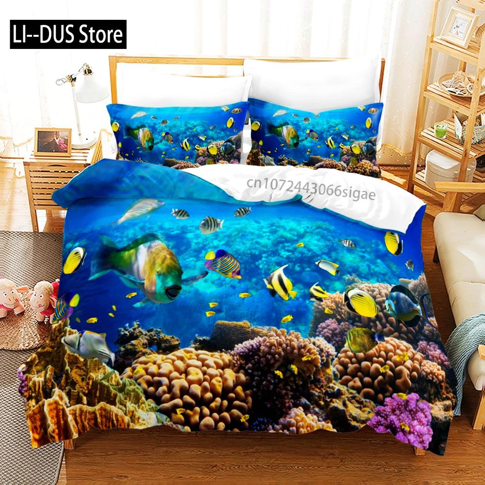 The Underwater World Bedding Set Single Twin Full Queen King Size Fish Bed Set Aldult Kid Bedroom Duvetcover Sets 3D Print 014