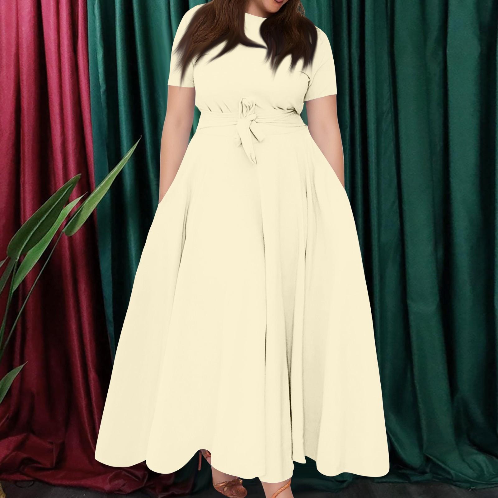 

Women s Casual Fashion Large Size Solid Color Round Neck Short Sleeve Pocket Straps Swing Dress XXL бежевий