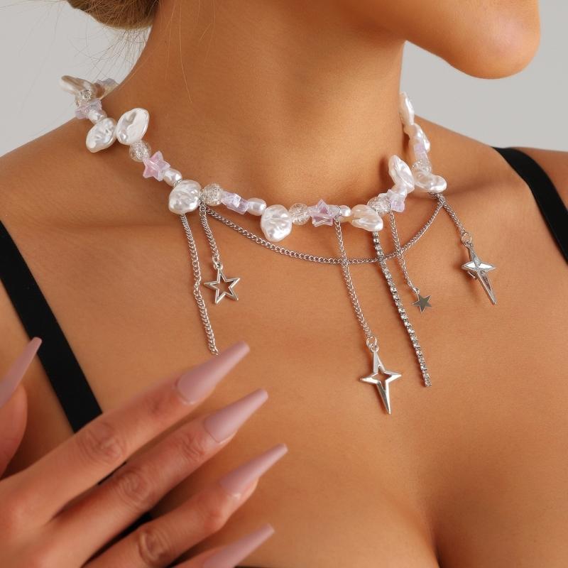 Elegant Pearls Necklace with Chain Star Clavicle Chain Adjustable Choker Neck Jewelry for Wedding Party Special Occasion