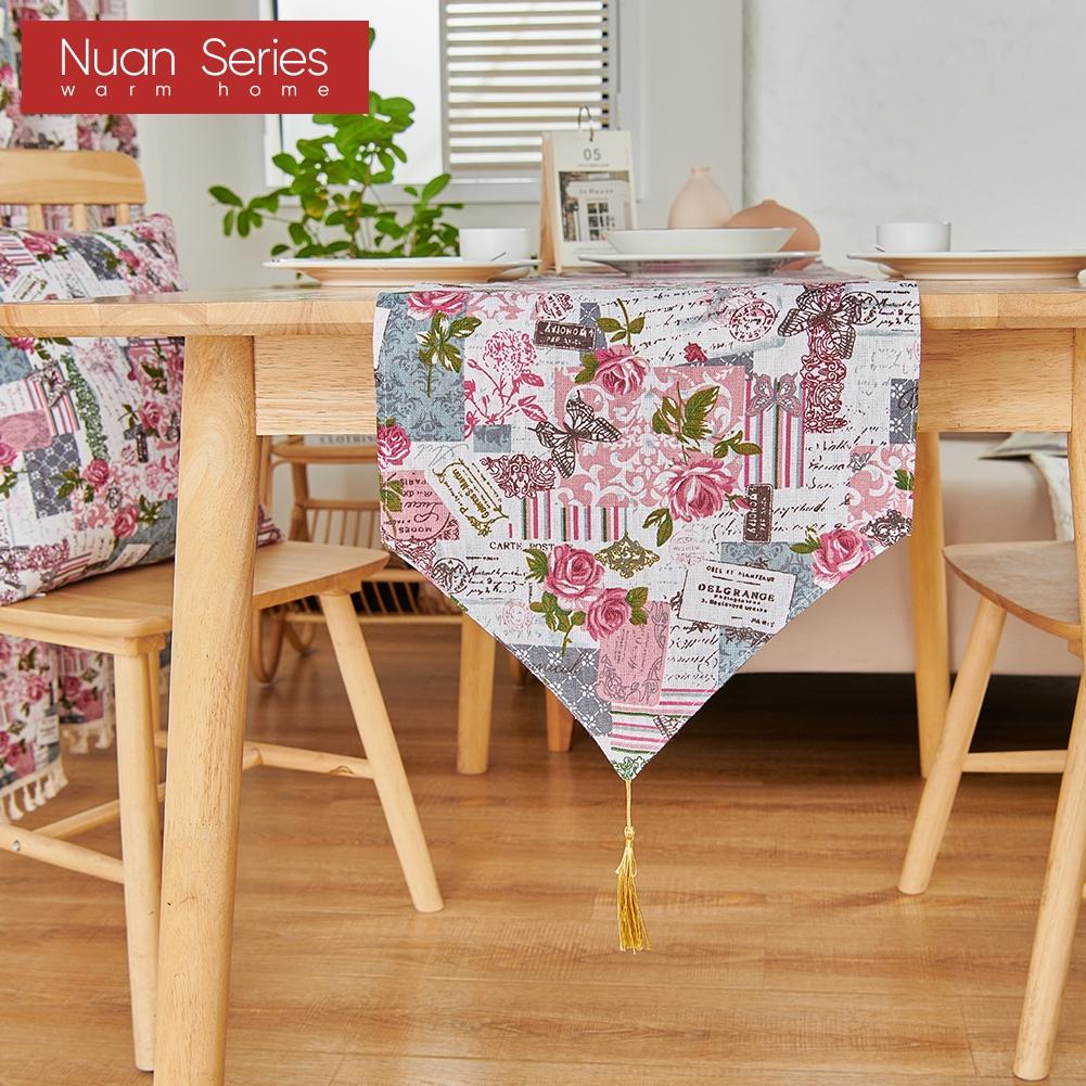 1PC Nuan Series French Romantic Retro Curtains Pink Rose Printed Tassel Table Runner for Dinner Table Decor Kitchen for Home Table Home Decor