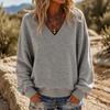 Women's V-Neck Drop Shoulder Loose Fit Long Sleeve Pullover Top for Casual Everyday Wear