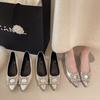 French rhinestone tip inner height increase flat-soled single shoes women's 2025 new shallow mouth one-pedal Mary Jane shoes evening shoes