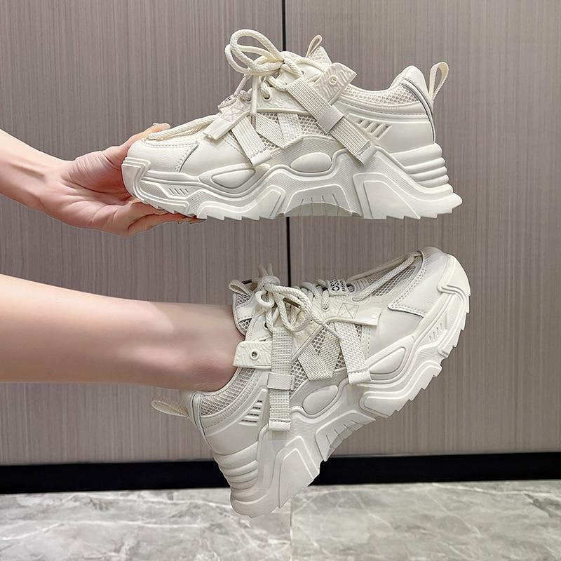 

Классические женские кроссовки на массивном каблуке, обувь на среднем каблуке с дышащей сеткой, обувь на платформе со шнуровкой для женщин, женская вулканизированная обувь с круглым носком, большие размеры 37 бежевый