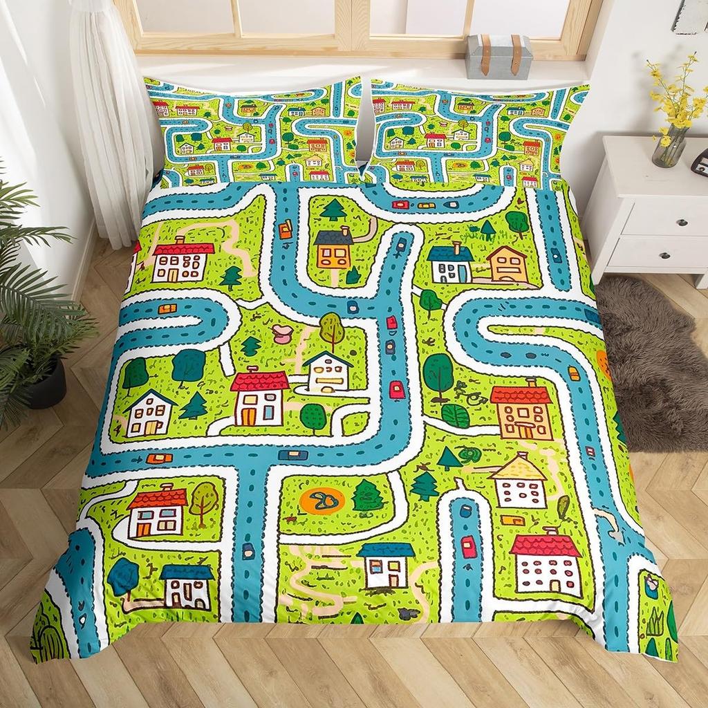 Comforter Cartoon Truck Twin City Landscape Bedding Set Hand Drawn Cartoon Vehicles City Map Railway Train Comforter