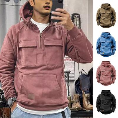 Spring Fall Men Hoodie Big Patch Pocket Drawstring Hooded Chest Pockets Half Zipper Long Sleeves Solid Color Sport Top