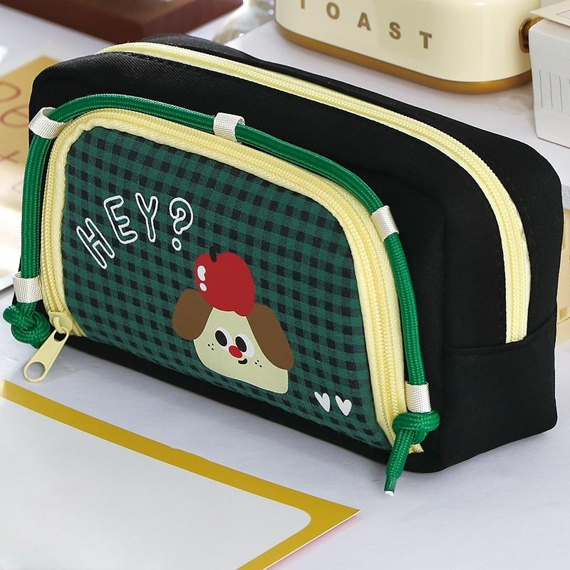 1pcs Lovely Dog Pencil Bag Pen Case, Cute Cartoon Retro Plaid Pattern Large Capacity Storage Pouch for Stationery Student