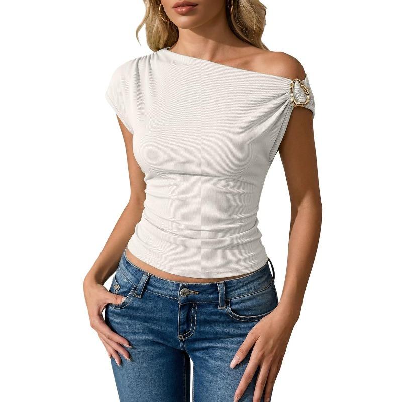 

women s Solid Color Ribbed Asymmetric Off Shoulder Metal Buckle Decor Short Sleeve Slim Fit Crop Top Casual T Shirt XS белый