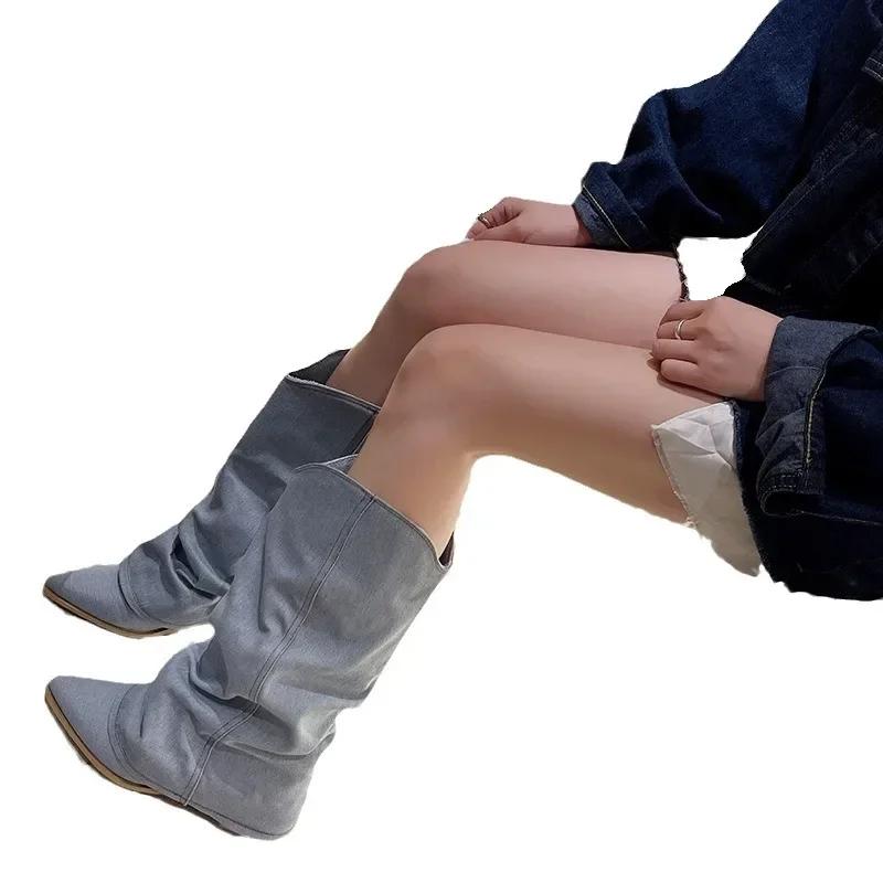 Pleated Blue Denim Boots Fashionable Women's Chelsea Boots Autumn Winter Mid-heeled Boots New Women Shoes Botas Altas Mujer