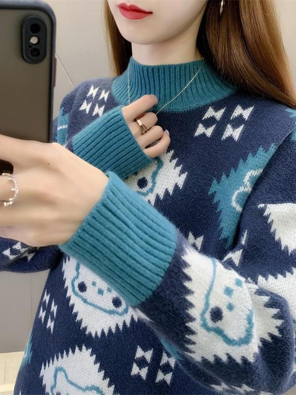 2024 Damenmode: Verdickter Jacquard-Lockerstrickpullover mit halbohem Kragen für Herbst und Winter