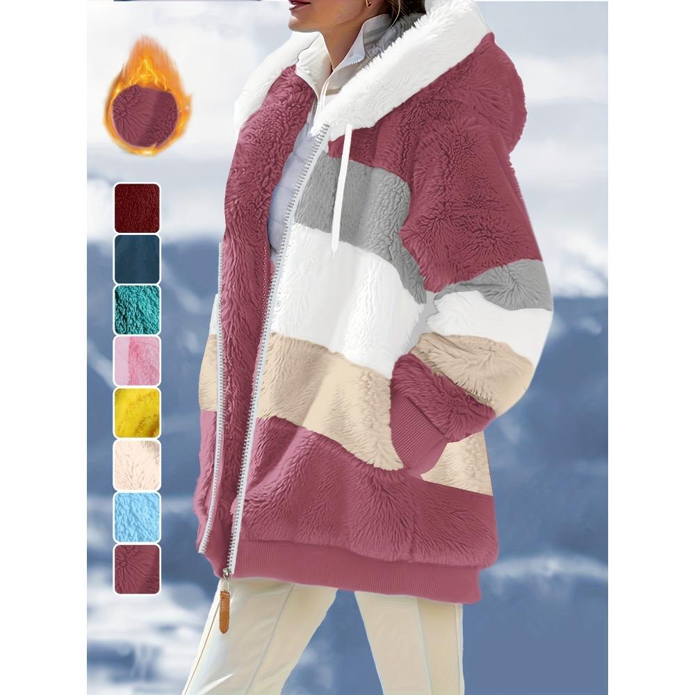 Damen Mehrfarbiger Flauschiger Kapuzenmantel, Lockere Warme Plüschjacke für Herbst Winter