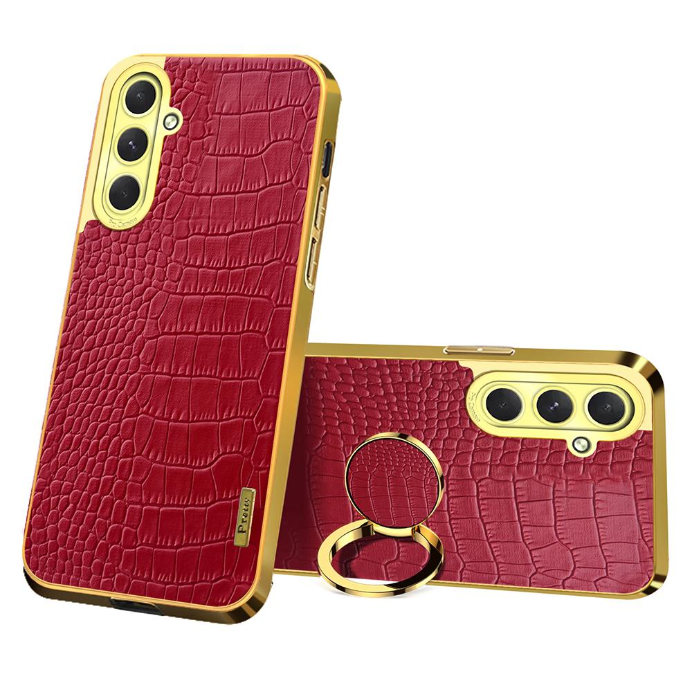 

For Samsung Galaxy S24 FE Case Finger Ring Kickstand TPU+Leather 6D Electroplating Phone Cover Red