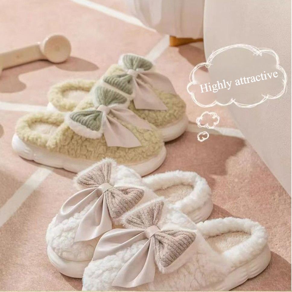 Winter Home Anti-Slip Warm Plush Bow Cotton Slippers