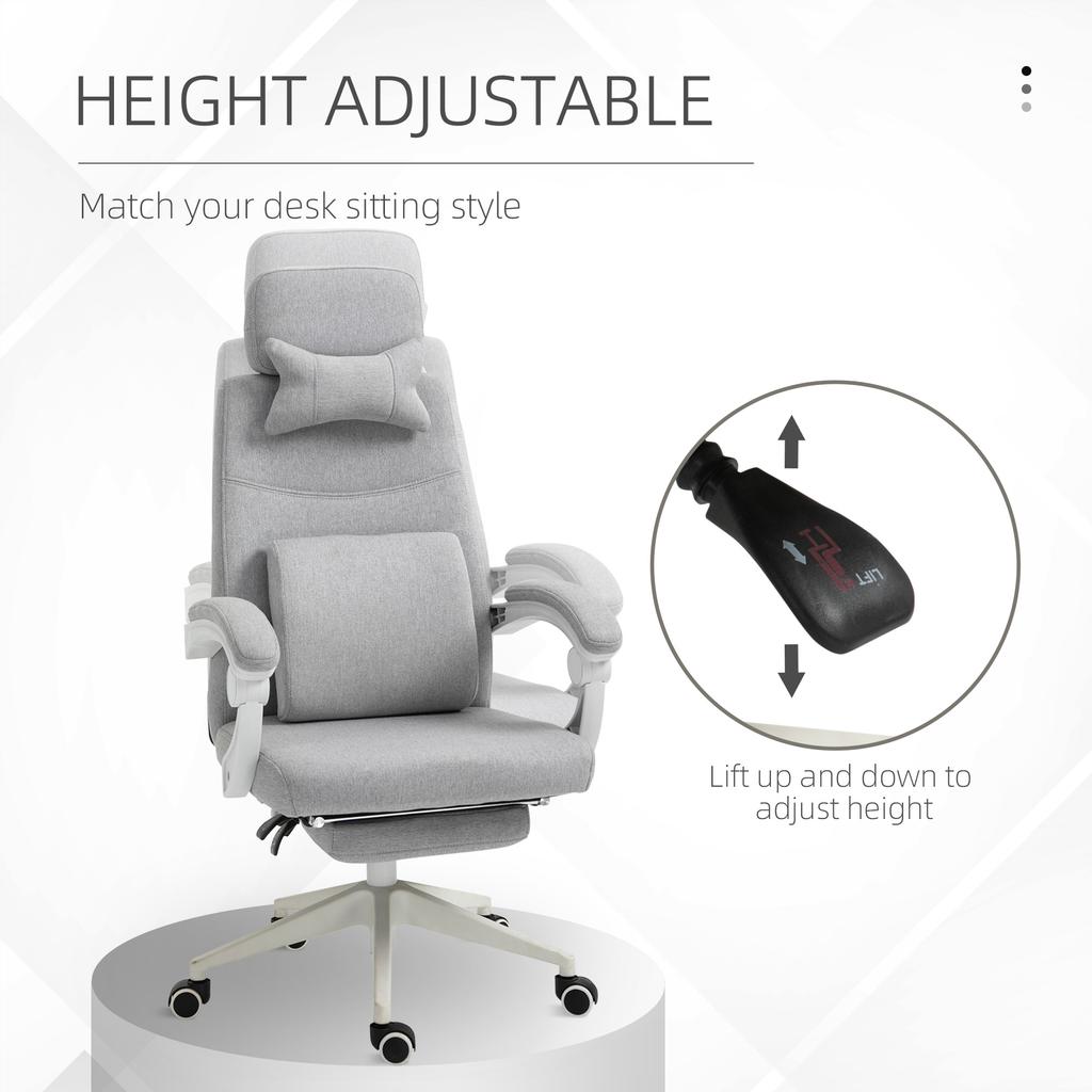 Office Chair, Ergonomic Desk Chair with Headrest Pillow, Lumbar Cushion, Height-Adjustable Gaming Chair with Footrest, High Backrest, Grey