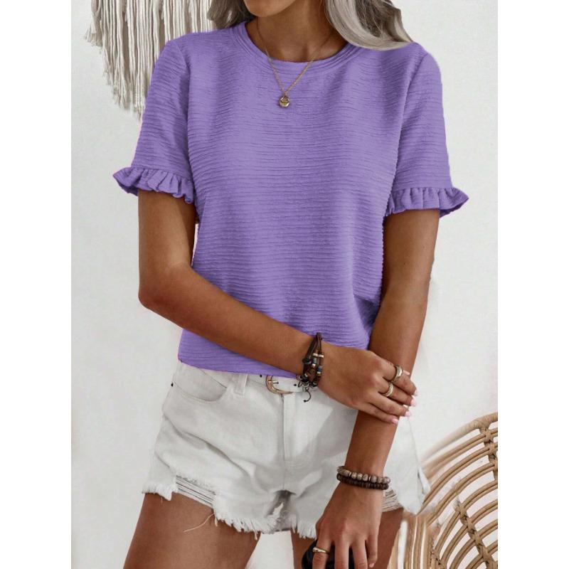 Camiseta de Verano para Mujer de Cuello Redondo con Volantes y Manga Corta