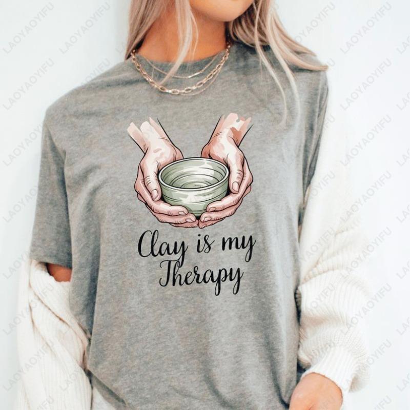 Keramikkünstler Baumwoll-T-Shirt Ton ist meine Therapie Töpfergeschenk Retro Radwurf Handgemachte Keramik Fans Rundhals Bedruckte Oberteile