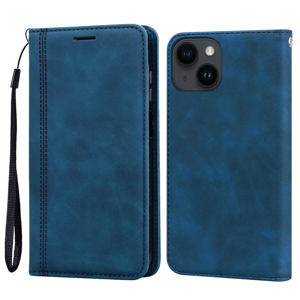For iPhone 15 Case Business Style Magnetic Closure Leather Phone Cover with Strap
