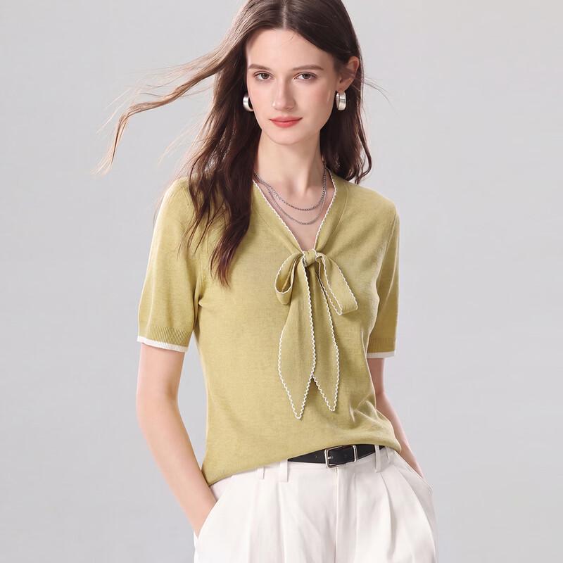 Snowforte Women s Silk Blend V-Neck Bow-Knot Knit T-Shirt 2XL