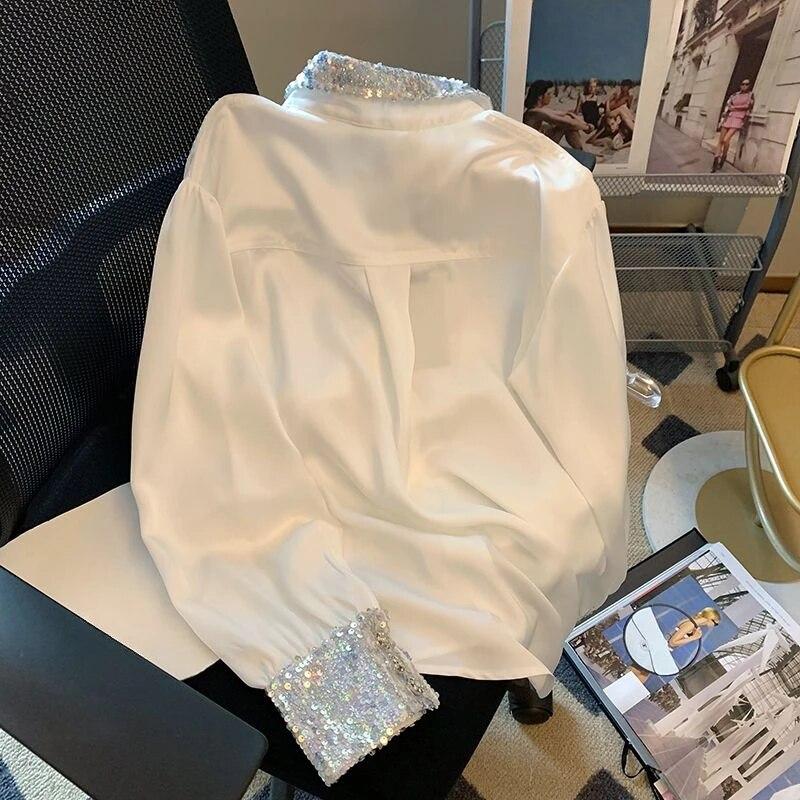 Weißes Hemd mit französischen Spleißen und Pailletten, modische und elegante Langarmbluse für Damen, neue Blusas mit High-End-Feeling