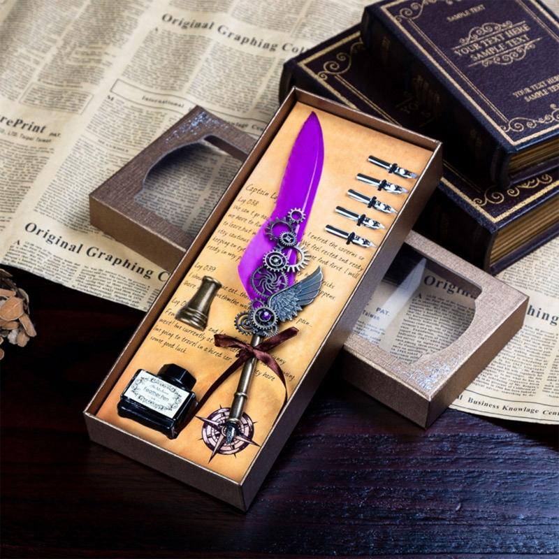 Feather Pen Quill Pen Dip Pen Set with Ink 5x Different Replacement Nibs Pen Holder for Calligraphy Lovers Festival Gift