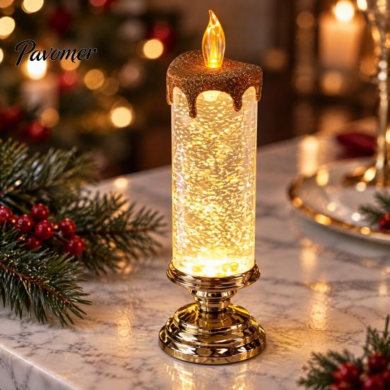 Flameless Candle Lantern Christmas LED Lamp, Glimmering Glitter Glow with Sparkling Room Ornament Simulated Flame, Holiday Tabletop Decoration