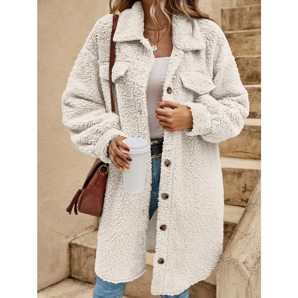 Women's Winter Long Loose Plush Coat, Turn-down Collar Buttoned Open Front Oversized Warm Overcoat for Women, European & American Style